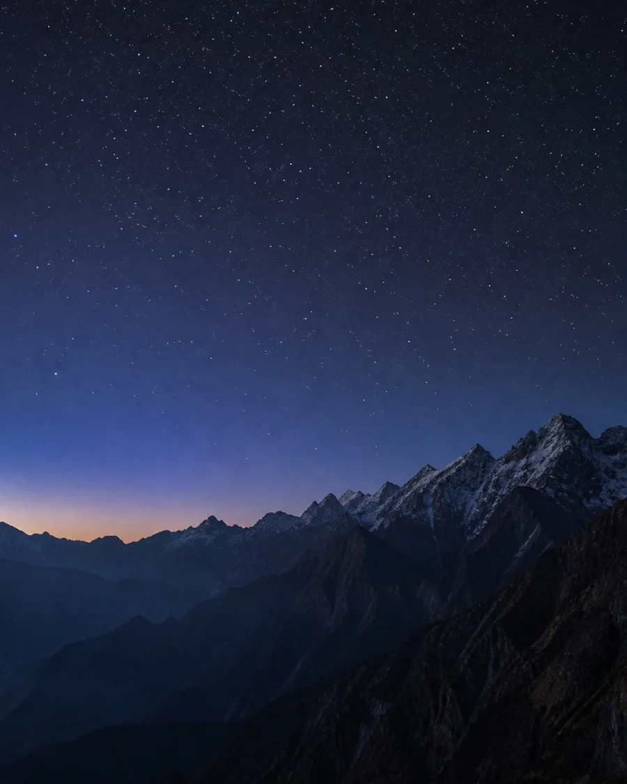 A high Himalayan ridgeline at night in Arunachal Pradesh.